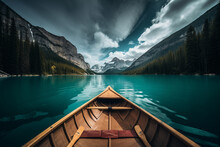Canoe On The Lake With Mountain View Beautiful, Calm