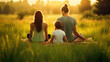 © DesiArt - family sitting outdoors doing yoga - ai generative