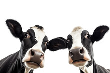 Close-up Headshot Of Two Playful, Black And White Friesian Calves, Isolated On A Transparent Background