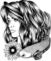 Sticker - Vector woman face. beautiful girl with long wavy hair curls.