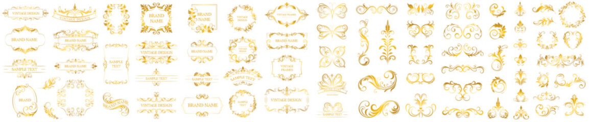 Sticker - Set of gold vintage frame and corners icon. Vector illustration.