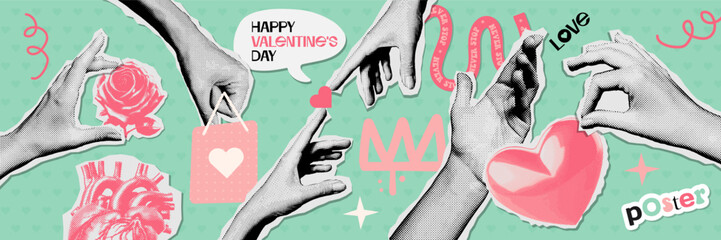 Wall Mural - Creative set of Valentine's day greeting cards with Halftone hand and vintage Hearts, flowers. Contemporary Valentine Collage of Retro celebration poster for Social Media. 60s Vector stickers.