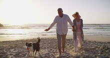 Senior Couple, Beach Or Walk Dog In Nature For Care Support, Fun Or Relax On Weekend Adventure. Mature Man, Woman And Stroll With Pet By Ocean, Family Love And Health Wellness In Florida On Vacation