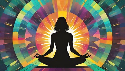 Wall Mural -  Silhouette of woman in lotus yoga position on the abstract positive energy background