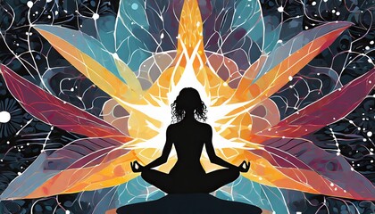 Wall Mural -  Silhouette of woman in lotus yoga position on the abstract positive energy background