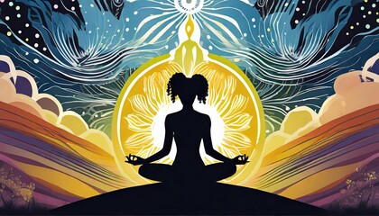 Wall Mural -  Silhouette of woman in lotus yoga position on the abstract positive energy background