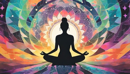 Wall Mural -  Silhouette of woman in lotus yoga position on the abstract positive energy background