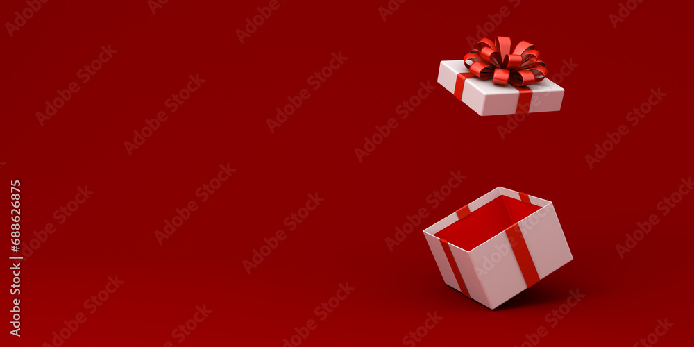 Blank white present box open or gift box with red ribbons and bow ...