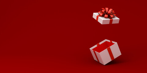 Aufkleber - Blank white present box open or gift box with red ribbons and bow isolated over dark red background with shadow and blank space minimal conceptual 3D rendering