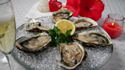 Wall Mural - Fresh oysters on ice rotating, Valentine's Day, glasses of champagne. Close up