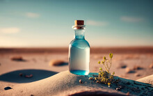 Glass Bottle With Water, Desert Landscape. 
