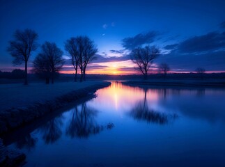 Wall Mural - Lovely blue color background and sunrise over the river and lake