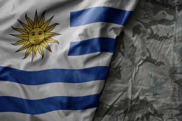 Wall Mural - waving flag of uruguay on the old khaki texture background. military concept.