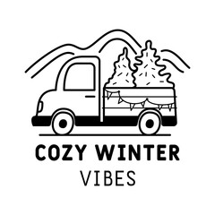 Wall Mural - Winter Camping Logo design with car and quote - cozy winter vibes. Christmas adventure badge in line silhouette style. Mountain hiking label. Stock vector monochrome insignia