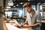 Fototapeta  - Focused male graphic designer working on laptop in coworking space