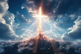 Fototapeta  - Glowing Catholic cross above the earth and surrounding clouds. Sacred and slightly surreal.by Generative AI.