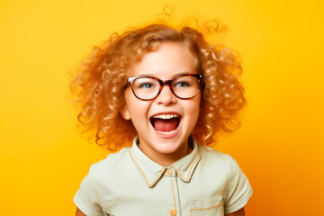 Poster - Young girl with glasses making funny face with her mouth open.