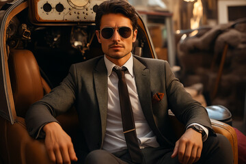 man in suit and sunglasses sitting in chair.