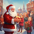 Beautiful illustration with Santa Claus and their children. New Year illustration for gift card in Cartoon style 