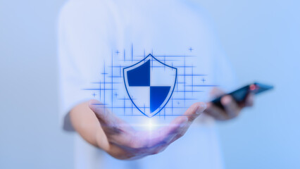 Poster - User hand show the warranty identity proof icon for security protection system on virtual screen. Technology assurance of cyber security. Certified guarantee approval or secure access system concept.