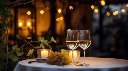 Dinner in a chic restaurant, on the terrace in the fresh air, by candlelight with a glass of champagne or wine, with beautiful glowing lights.