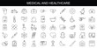 Set of Medical and Healthcare web icons in line style. Medicine, check up, doctor, dentistry, pharmacy, lab, scientific discovery, collection. Vector illustration.