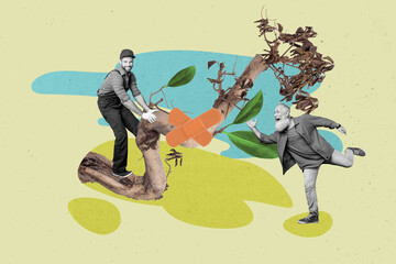 creative collage image of two mini black white effect people run heal drying tree branch medical pat