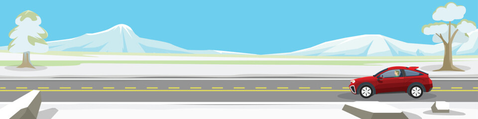 Landscape or horizontal travels of hatchback car with driving for banner. Asphalt road near the wide open space of snow and mountain under clear sky. Copy Space Flat Vector.