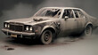 black and white image of a car, in an explosion of smoke, on a black background	
