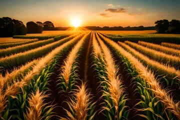 Canvas Print - **sunset over corn field with blue sky and clouds, agricultural landscape, background-