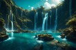 **fantasy landscape with waterfalls, panorama. generative al-