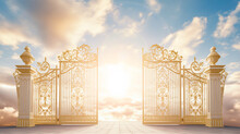 Golden Gates Of Heaven With Sunshine In Clouds. Stairway To Heaven In Glory, Gates Of Paradise, Meeting God, Symbol Of Christianity. Gates Of Heaven Coming Out Of The Clouds, Floating In The Sky