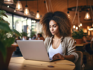 Canvas Print - Young black woman working on laptop in cafe