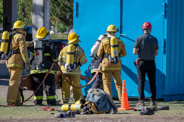 Poster - Firefighter training. Fire drill - rescue.