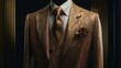 AI generated illustration of a stylish gold suit jacket and coordinating tie on a mannequin
