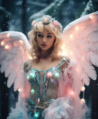 Angel with white wings adorned with twinkling lights standing in snowy ambiance