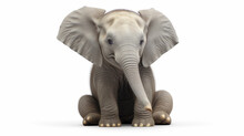 Cute Baby Elephant Sitting On White Background. Grey Smiling Elephant Baby. Generative Ai