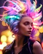 © Glittering Humanity - Portrait of a woman with vibrant neon-lit hair styled wildly against a night background