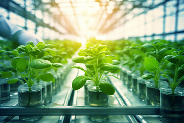 in the biotechnology science laboratory, a beaker and flask stand amidst vibrant green leaves, mergi