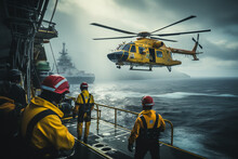 Helicopter Arrives At Modern Offshore Oil Production Platform,demonstrates Logistical Aspects Of Personnel Transportation In Remote Marine Environment,concept Of Oil,gas Industry,economic,energy Trade