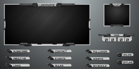 Futuristic Live Stream Overlay Webcam Screen Panel Metal Border Frame and Stream Alert Screens for Video Broadcast