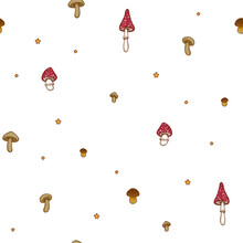 Forest Mushrooms Seamless Pattern In Hand Drawn Doodle Style