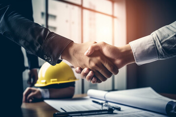 A moment of collaboration takes center stage as real estate agents and customers shake hands in a construction site office with yellow safety helmets on the desk. Generative AI.