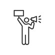 Man with a sign with a megaphone, linear icon. Line with editable stroke