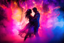 Side View Silhouette Of Young Couple Dancing Against Colored Dramatic Background.