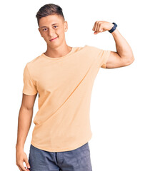 Poster - Young handsome man wearing casual clothes strong person showing arm muscle, confident and proud of power