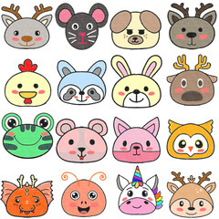 cute animal faces white background, clip art, animal face clip art