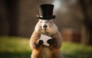 Wall Mural - Groundhog Day groundhog holding a mock up card ground