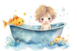 Fototapeta Dziecięca - watercolor cartoon illustration of happy boy bathing in bathtub with his friend fish, kid creative and imagine, Generative Ai