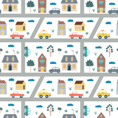 Wall Mural - Kids map seamless pattern. Vector road map with transport and houses